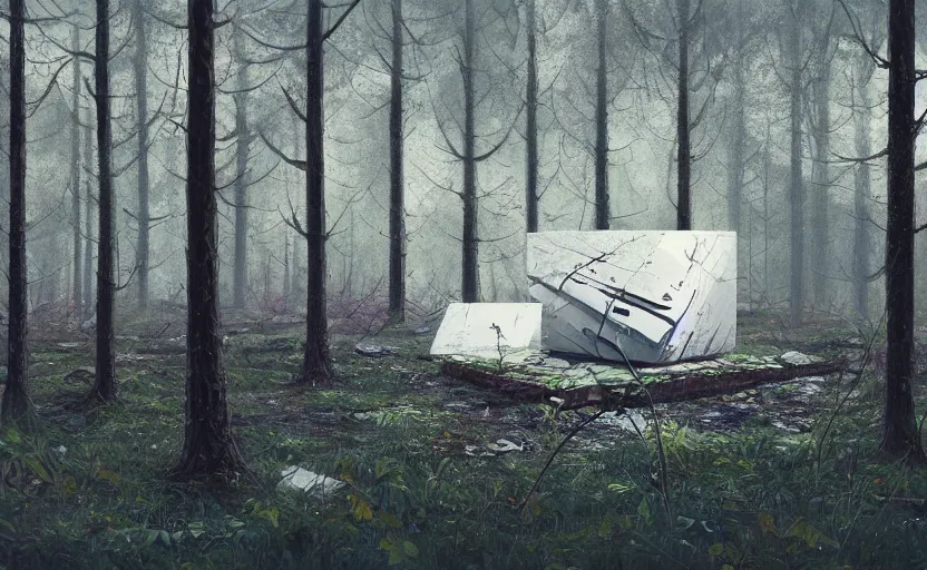 Image similar to one textured white metallic cube on the ground in the forest, realistic sci-fi painting by simon stålenhag, digital art, trending on artstation