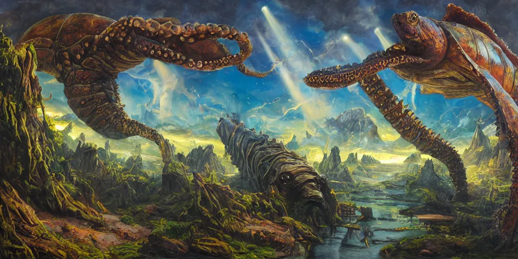 Image similar to fantasy oil painting, great leviathan, cybernetic turtle cephalopod terrapin reptilian pachyderm squid, bella hadid, hybrid, milla jovovich, anubis, epic natural light, lush plants flowers, spectacular mountains, bright clouds, luminous sky, outer worlds, golden hour, michael cheval, edward hopper, michael whelan, vray, hd