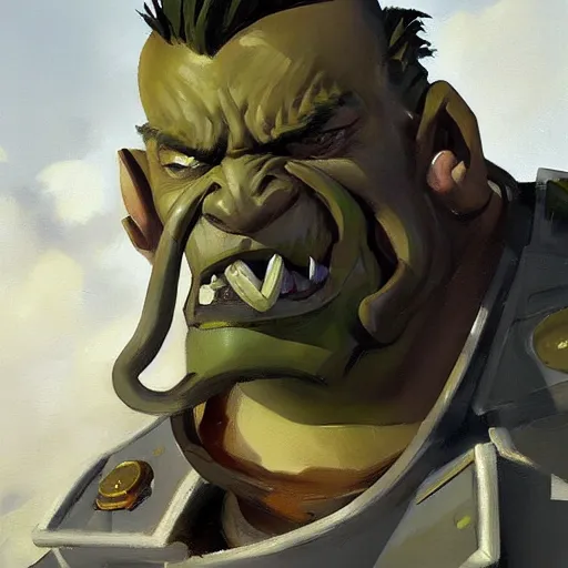 Prompt: greg manchess close - up portrait painting of a ruggedly handsome dieselpunk orc general with olive green skin as an overwatch character, medium shot, asymmetrical, profile picture, organic painting, sunny day, matte painting, bold shapes, hard edges, street art, trending on artstation, by huang guangjian and gil elvgren and sachin teng