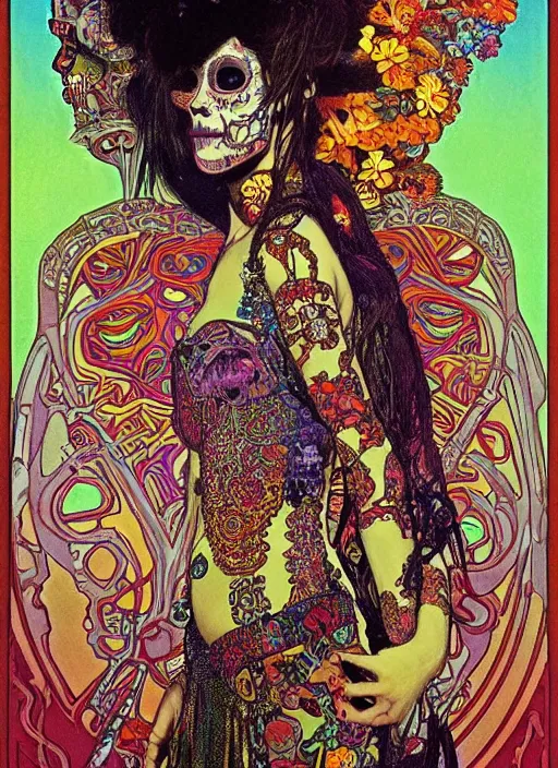 Image similar to realistic detailed psychedelic poster art of a cute punk goth fractal Día de los Muertos girl posing by Victor Moscoso Rick Griffin Alphonse Mucha Gustav Klimt, masterpiece