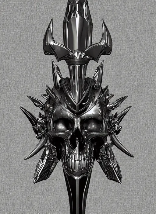 Image similar to a black and silver sword skull crest, orthographic, ornament, weapon, a 2 d render by dom qwek, front side, concept art, trending on polycount, artstation, hard surface modeling, rendered in maya, zbrush, hd, vray, blizzard, symmetry