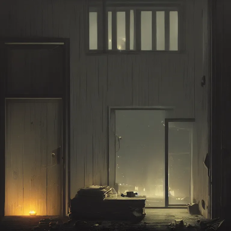 Image similar to a dark black nursery by night, the door is open a gap and thus shines light in a painting from stalenhag, 4 k, 8 k, hdr, artstation, concept art