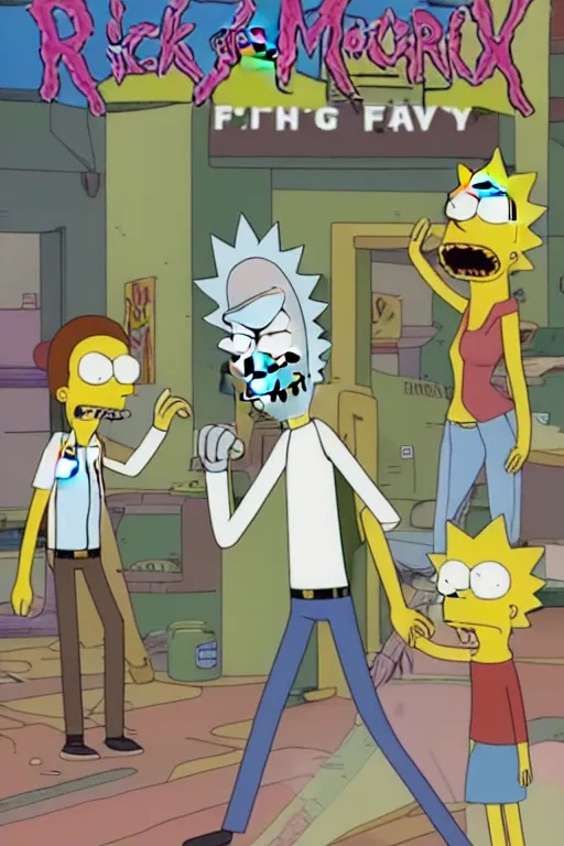 Image similar to Rick and Morty fight the Simpsons