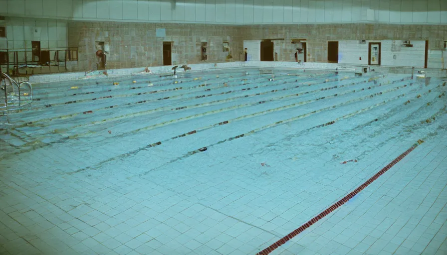 Prompt: 60s movie still of a sovietic stalinist style empty Olympic swimming poil with tiles, cinestill 800t 50mm eastmancolor, liminal Space style, heavy grain-s 150