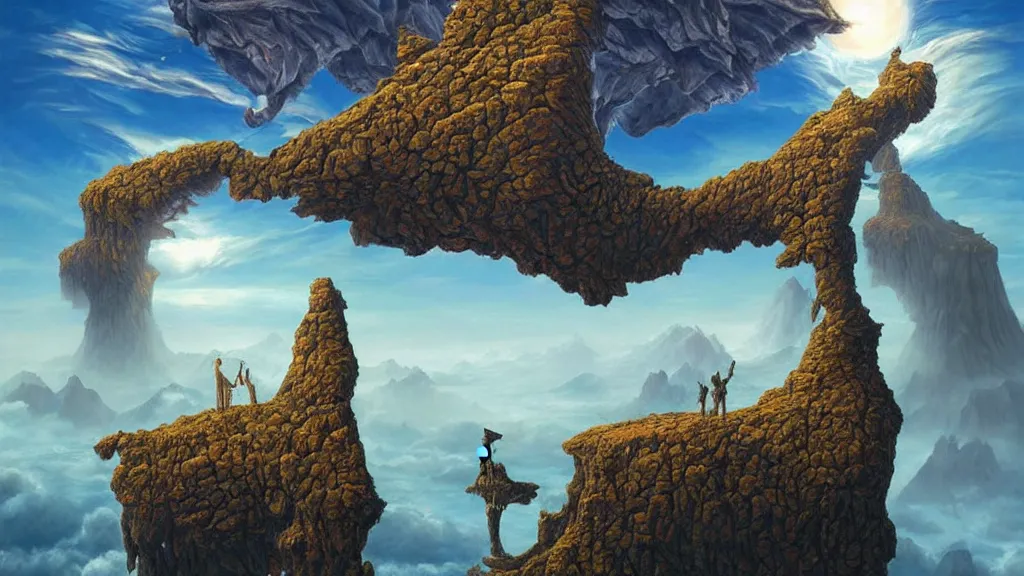 Image similar to fantasy landscape with anthropomorphic!!! terrain!!! in the styles of igor morski, jim warren, and rob gonsalves, intricate, hyperrealistic, volumetric lighting, big sky, distinct horizon