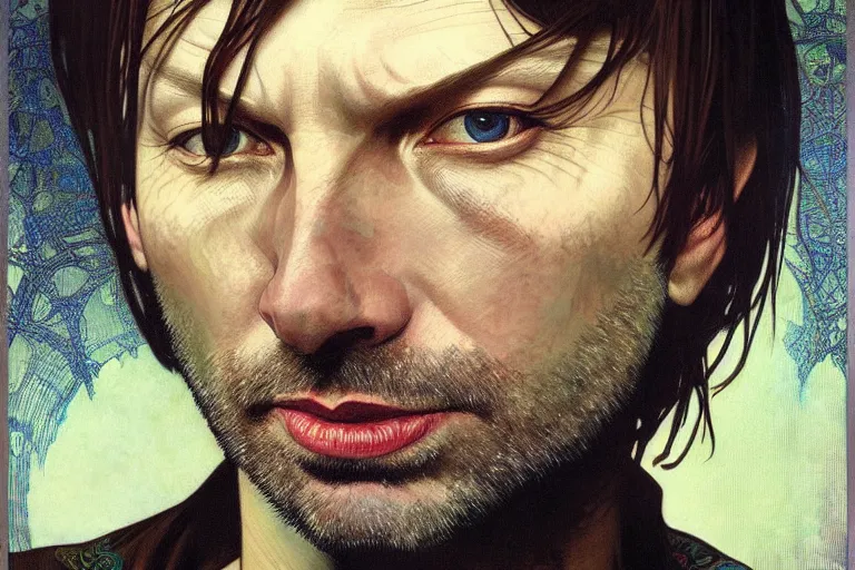 Prompt: hyper realistic portrait of singer radiohead singer songwriter, by lee bermejo, alphonse mucha and greg rutkowski