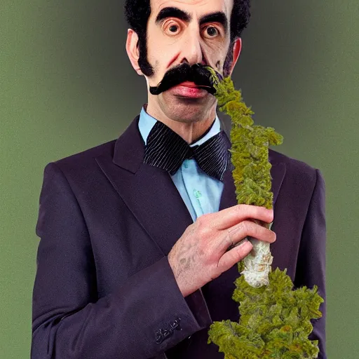 Image similar to A portrait of borat sagdiyev smoking a rolled marijuana joint, 8k, hyper-detailed