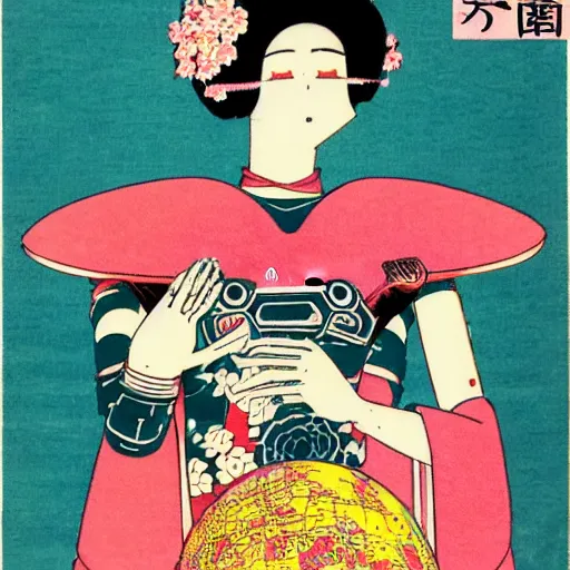 Prompt: a digital robot goddess in a regal pose, she holds the globe in one hand and blooming flowers in the other. 1980s Japanese Magazine Illustration.