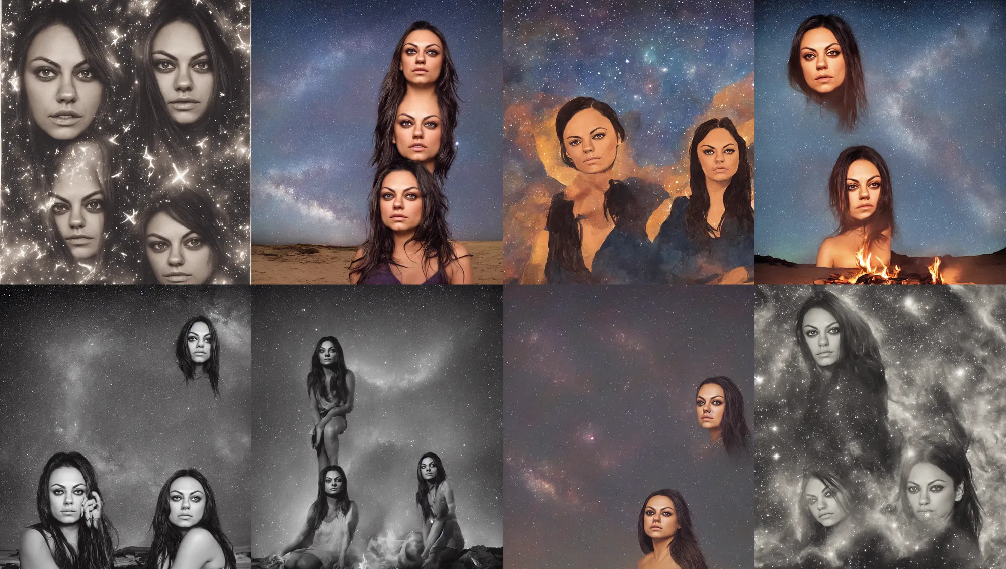 Prompt: face portrait of mila kunis sitting next to a beach campfire at night, stars, nebula, 1 9 6 0