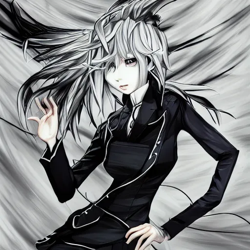 Image similar to Fullbody character design of an anime girl with white hair and black eyes wearing three piece suit in the style of Yoshitaka Amano and Final Fantasy drawn with broad brush strokes and with an abstract black and white background, film grain effect, expressive brush strokes