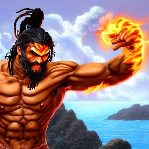 Image similar to jason momoa as dhalsim street fighter, breathing fire, ultra realistic, concept art, intricate details, highly detailed, photorealistic, octane render, 8 k, unreal engine, art by frank frazetta, simon bisley, brom