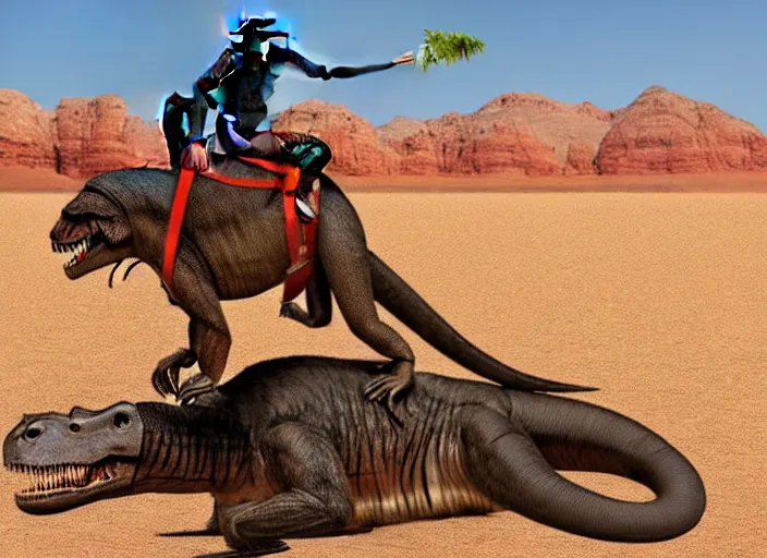 Image similar to Monkey riding T-Rex, Tyrannosaurus rex, saddle, mounted, digital art, Utah desert, monkey, monkey riding t-Rex, 8k