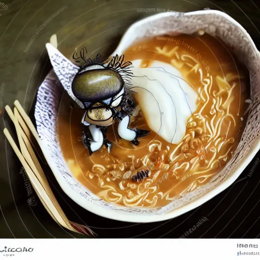 Prompt: wise old fly with a white beard eats ramen with chopsticks, anime, fantasy