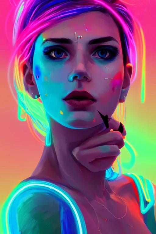 Image similar to a award winning portrait of a beautiful woman with stunning eyes in a one off shoulder croptop and cargo pants with rainbow colored hair, outlined by whirling illuminated neon lines and fine lines swirling in circles by ilya kuvshinov, digital art, trending on artstation