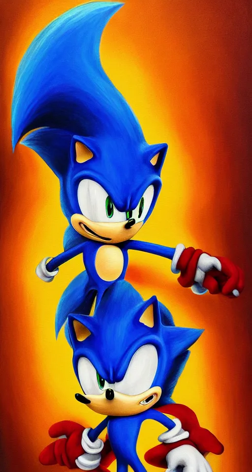 Image similar to sonic the hedgehog portrait painting, chiaroscuro, oil paints on canvas