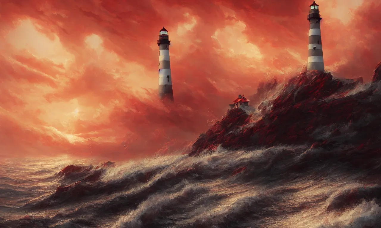 Image similar to a beautiful painting of a lighthouse seen at a distance shining it's light across a violent tumultuous sea of red blood by john blanche and greg rutkowski, trending on artstation, midjourney