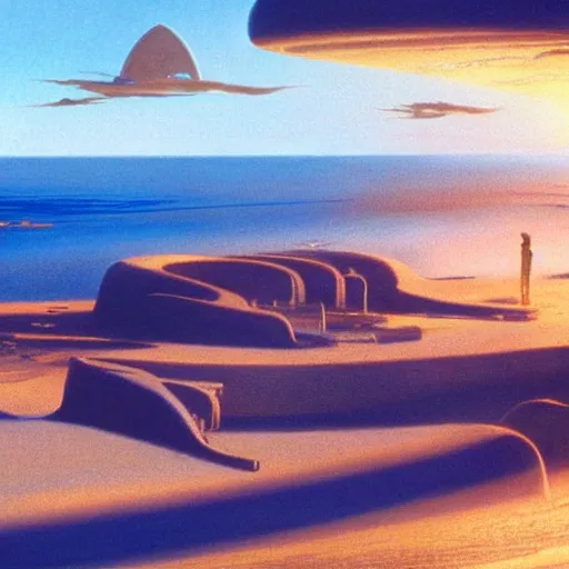 Prompt: beautiful matte painting of golden shores of a blue dreamy ocean, sci - fi, daylight, blue sky, cinematic lighting, cinematic perspective, syd mead, john harris, federico pelat