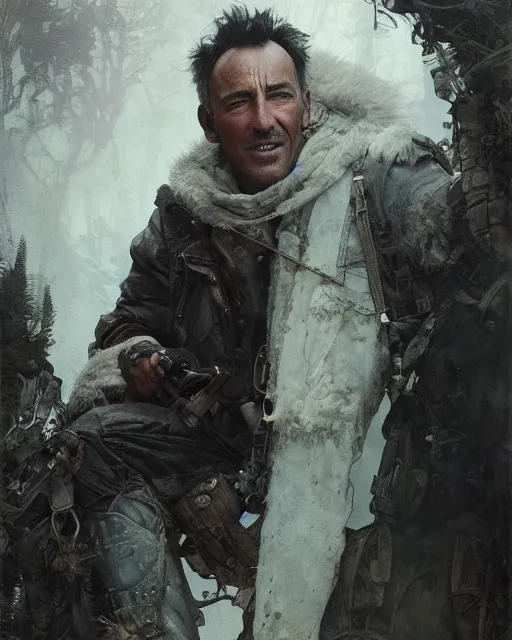 Prompt: A full portrait of Bruce Springsteen as a handsome post apocalyptic nordic explorer, intricate, elegant, highly detailed, digital painting, artstation, concept art, smooth, sharp focus, illustration, art by Krenz Cushart and Artem Demura and alphonse mucha