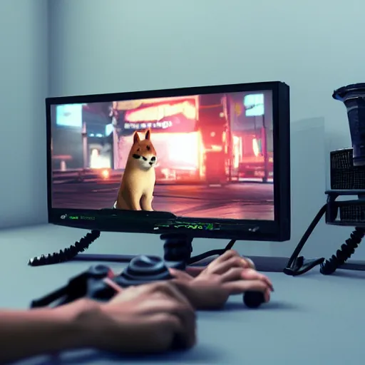 Image similar to photo of shibe playing video - game, realism, realistic, photorealism, f 3. 5, photography, octane render, trending on artstation, unreal engine, cinema 4 d