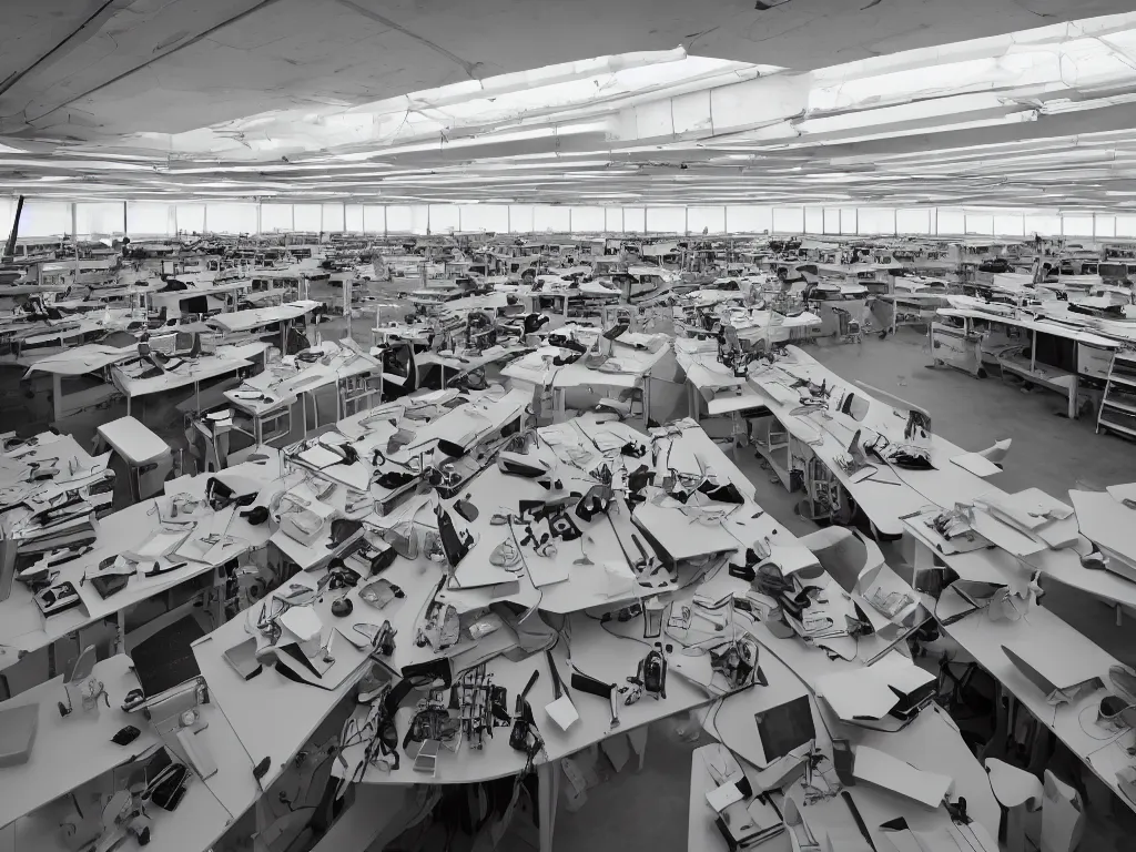 Prompt: candid photo rows upon rows of workshop desks stretching off to the horizon, documents connected through time and space, of sunrise futuristic floating open - air design studio designed by jony ive, scale model floating in midair in front of me, brilliant daylight vr os ux, leica 8 k still from an a 2 4 film