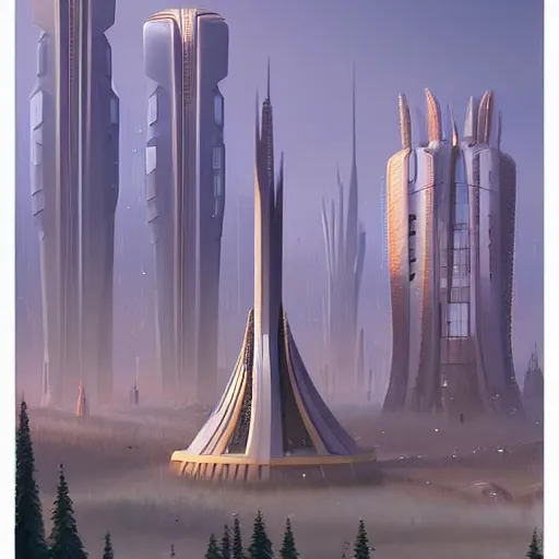 Image similar to tall futuristic buildings by Raphael Lacoste and Simon Stålenhag