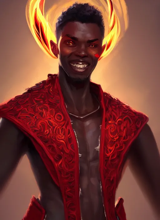 Prompt: a highly detailed illustration of attractive top cut haired african guy wearing red jacket, flaming glowing eyes, dramatic smile pose, intricate, elegant, highly detailed, centered, digital painting, artstation, concept art, smooth, sharp focus, league of legends concept art, wlop