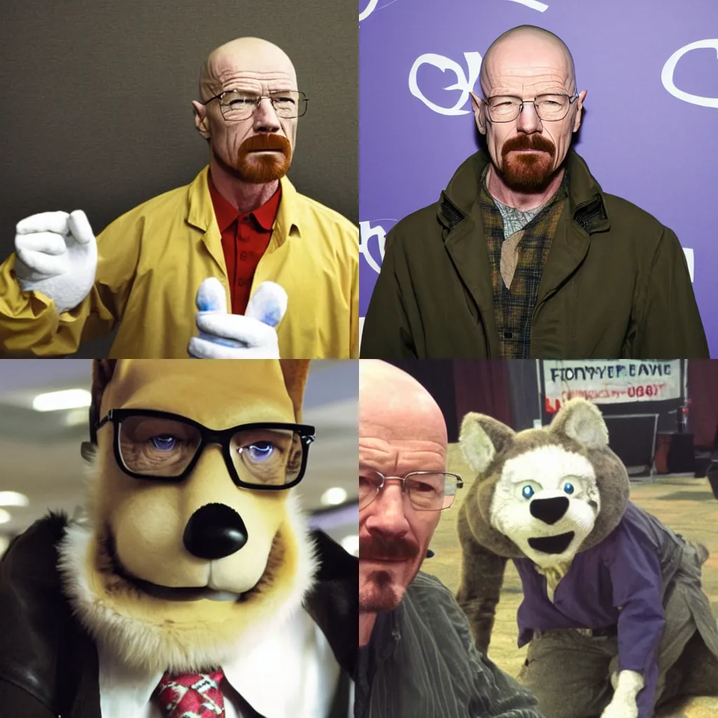 Prompt: a photo of walter white at a furry convention