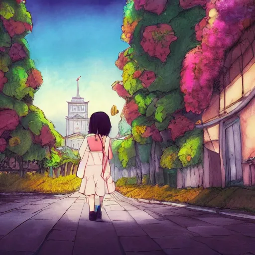 Image similar to Girl getting lost in the city of Armenia Quindio, Artwork by Studio Ghibli, official media, concept art, 8k, pixiv, high definition, wallpaper, hd, digital artwork