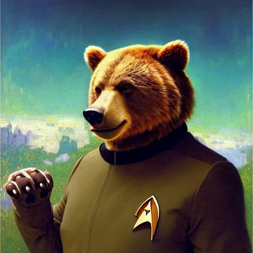 Image similar to a portrait of a bear bearman in a starfleet uniform star trek chief engineer. zootopia fursona furaffinity furry art detailed face highly detailed painting by gaston bussiere craig mullins jc leyendecker gustav klimt artgerm greg rutkowski furry