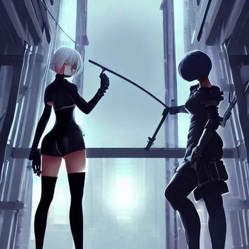 Prompt: realistic render 2 b and 9 s from nier automata by ross draws, futuristic dystopian city by ilya kuvshinov, digital anime art by ross tran, extreme intricate details, composition by sana takeda, lighting by greg rutkowski