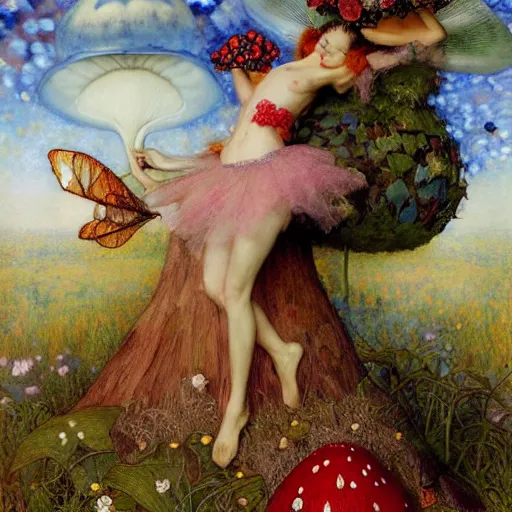 Prompt: masterpiece full body portrait of a two beautiful fairies romping on a giant amanita muscaria mushroom cap, by Edgar Maxence and Ross Tran and Michael Whelan and Gustav Klimpt