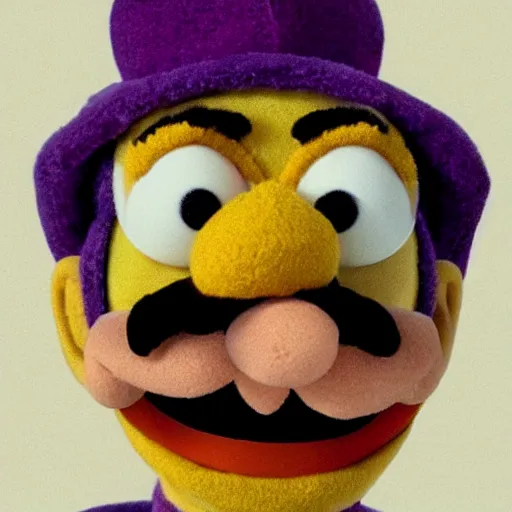 Image similar to A still of Waluigi as a Muppet, photorealistic