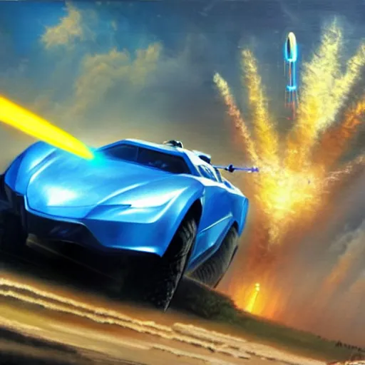 Prompt: Highly detailed oil painting, of a giant mech launching missiles and firing lasers at a moving blue sports car, concept art, highly detailed.