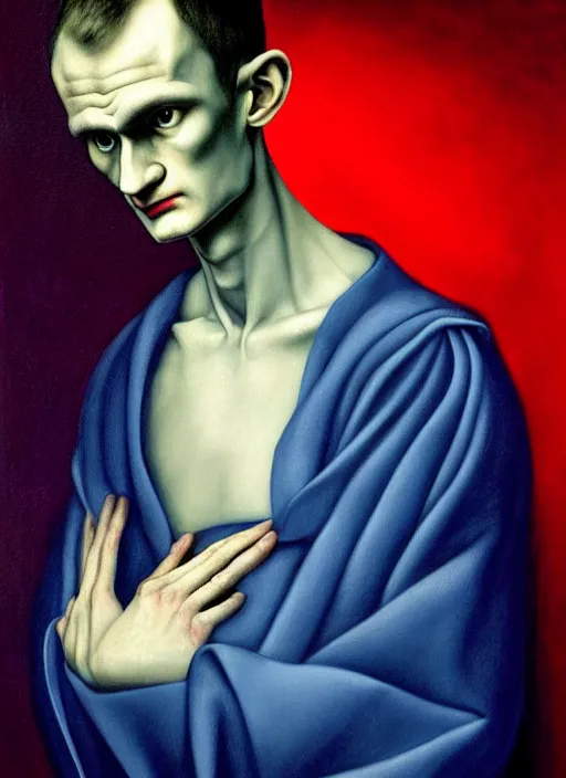 Image similar to vitalik buterin in the style of leonora carrington, gottfried helnwein, raqib shaw, chiaroscuro intricate composition, blue light by caravaggio, insanely quality, highly detailed, masterpiece, red light, artstation