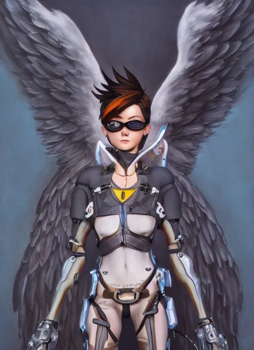 Image similar to full body artwork of tracer overwatch wearing leather collar in style of zdzisław beksinski, angel wings, dramatic painting, symmetrical composition, wearing detailed leather collar, black shiny armor, chains, black harness, detailed face and eyes,