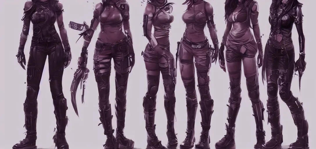 Image similar to character sheet concept art of female video game characters, streetwear, futurepunk, dark, moody, by marc brunet and artgerm