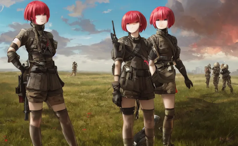 Prompt: panoramic view, girl, soldier clothing, battlefield in background, anime style, red short hair, hair down, symmetrical facial features, combat googles, from arknights, hyper realistic, 4 k, extreme detail, detailed drawing, trending artstation, safebooru, realistic lighting, by alphonse mucha, greg rutkowski, anime eyes, sharp focus