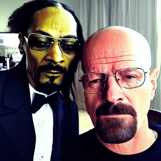 Image similar to selfie of snoop dogg and heisenberg from breaking bad