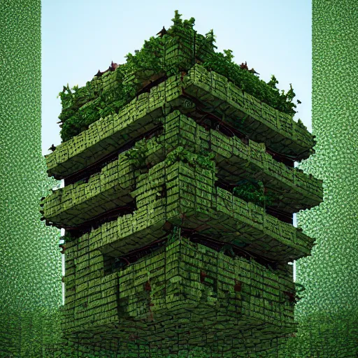 Prompt: cubic building made of bricks, overgrown with vegetation, one-point perspective, CG society, 4k, 8k