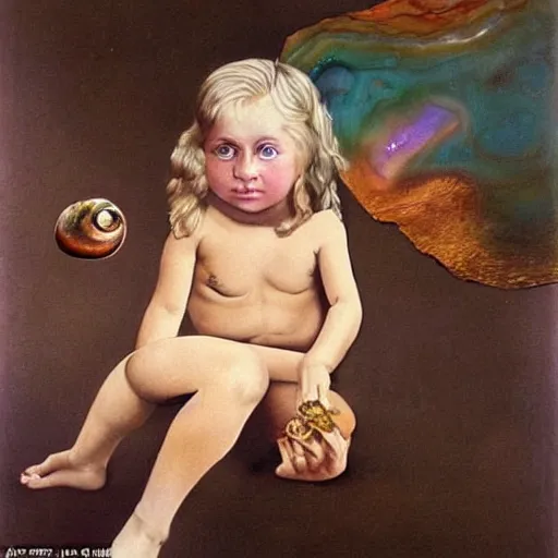 Image similar to A 2 year old girl playing with small abalone shells, blond hair. Painting by Salvador Dali