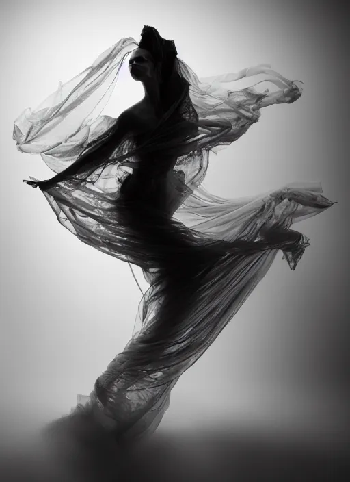 Image similar to a Photorealistic dramatic hyperrealistic render of a glamorous beautiful Female smoke dancer by Ken Brower and Deborah Ory of NYC Dance project,Lois Greenfield,Flowing cloth and smoke,Beautiful dynamic dramatic dark moody lighting,volumetric,shadows,cinematic atmosphere,Octane render,8K