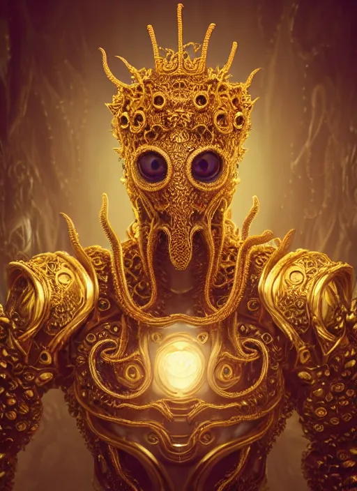 Prompt: a photo of 8 k ultra realistic angry corrupted lovecraftian royal golden humanoid queen at a board meeting, 8 intricate white and gold tentacles, face enhance, ornate white and gold armour, cinematic lighting, trending on artstation, 4 k, hyperrealistic, focused, extreme details, unreal engine 5, cinematic, masterpiece