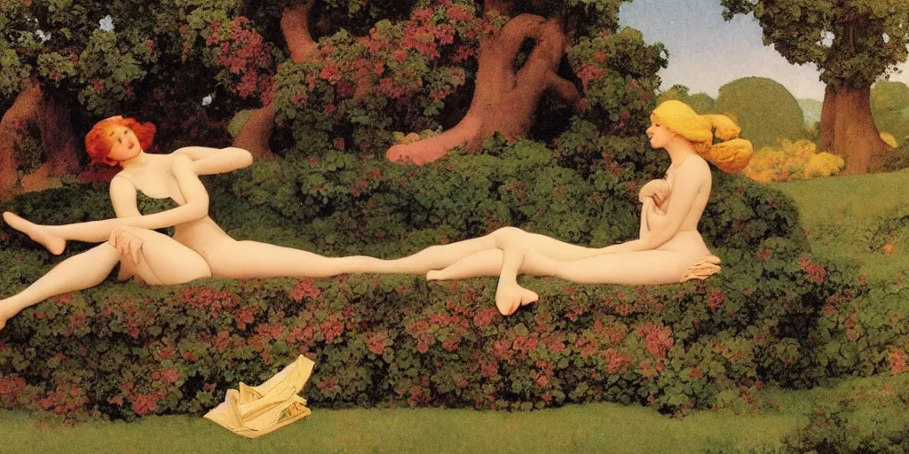 Prompt: a woman and a dryad lounging on a edwardian couch, style of maxfield parrish,