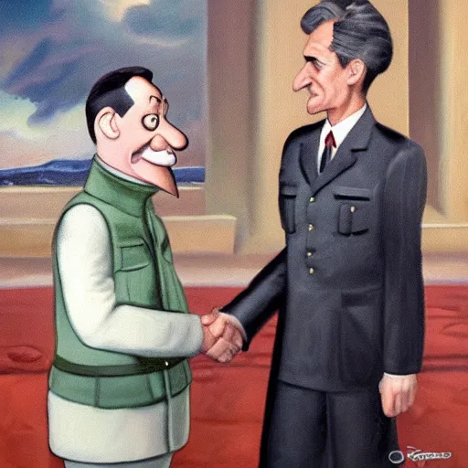 Prompt: oil painting of dr doofenshmirtz meeting mussolini