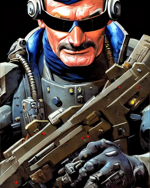 Prompt: soldier 7 6 from overwatch, heavey metal magazine cover, character portrait, portrait, close up, concept art, intricate details, highly detailed, in the style of frank frazetta, esteban maroto, richard corben, pepe moreno, matt howarth, stefano tamburini, tanino liberatore, luis royo and alex ebel