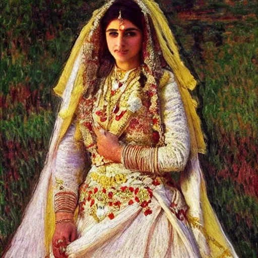 Image similar to full body portrait of a beautiful Kurdish bride wearing a beautiful wedding dress, very detailed eyes, hyperrealistic, beautiful and symmetrical face, very detailed painting by Claude Monet and Alphonse Mucha, ornate, trending on artstation, extremely high detail, incredibly intricate