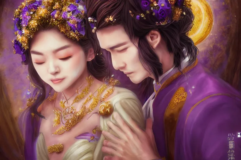 Image similar to a cinematic portrait of wedding photograph jpeg close up moment of a divine a japan sun god and moon goddess lovers magician at a wedding banquet. portraiture. digital painting. artstation. concept art. fantasy wedding photo. digital painting, 8 k realistic, hyper detailed, violet evergarden art masterpiece by art by krenz cushart