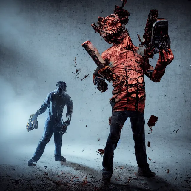 Image similar to chainsaw man with a chainsaw head, dark cinematic, volumetric, realistic, 3 d render, cinematic lighting, ray tracing, cinematic, unreal engine 5, unreal engine render, octane render, hyper realistic, photo, 8 k