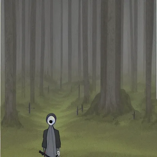 Image similar to a close shot of a grim reaper standing in a forest by studio ghibli, detailed, gloomy, digital art,