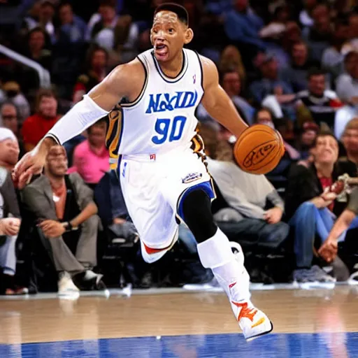 Prompt: award - winning hyperdetailed photograph of will smith playing in the nba, wearing nba jersey, nba court, as seen on getty images, 4 k, 8 k, hd quality